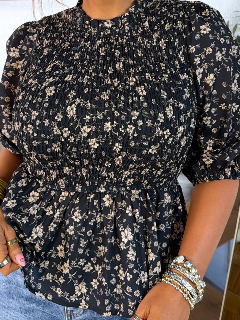 Polagram Black Floral Smocked Peplum Blouse with Cream Print
